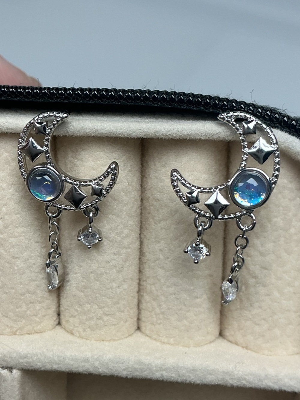 Silver Moon Star Moonstone Earrings Opal CZ Dangle Celestial Drop Earrings
